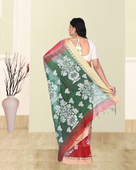White Colour Kantha Embroidery Work on Red and Green Colour Cotton Silk
