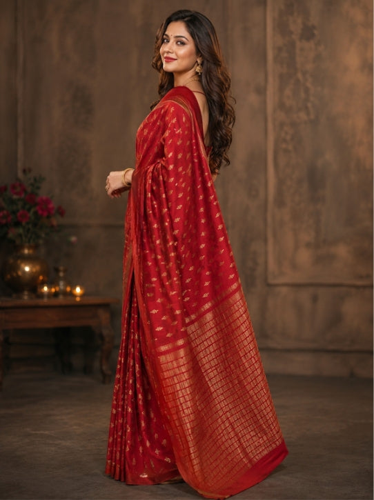 Red Matka Silk with Small Weaved Motifs in the Body and Weaved Design in the Anchal