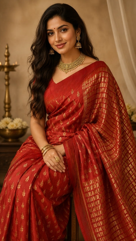 Red Matka Silk with Small Weaved Motifs in the Body and Weaved Design in the Anchal