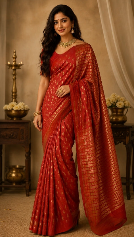 Red Matka Silk with Small Weaved Motifs in the Body and Weaved Design in the Anchal