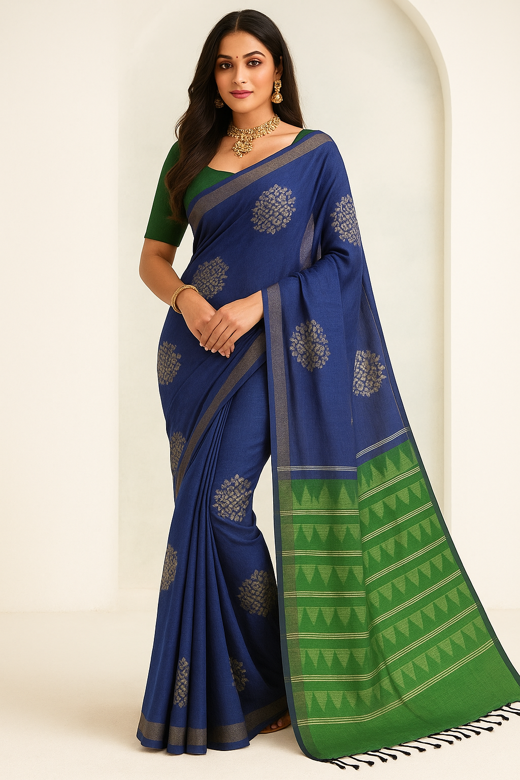 Royal Blue and Green colour Organic Linen with Zari Weaved Design