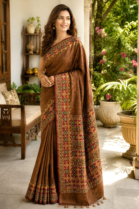 Rust Colour Tussar Silk Saree with Full Body Embroidery Work