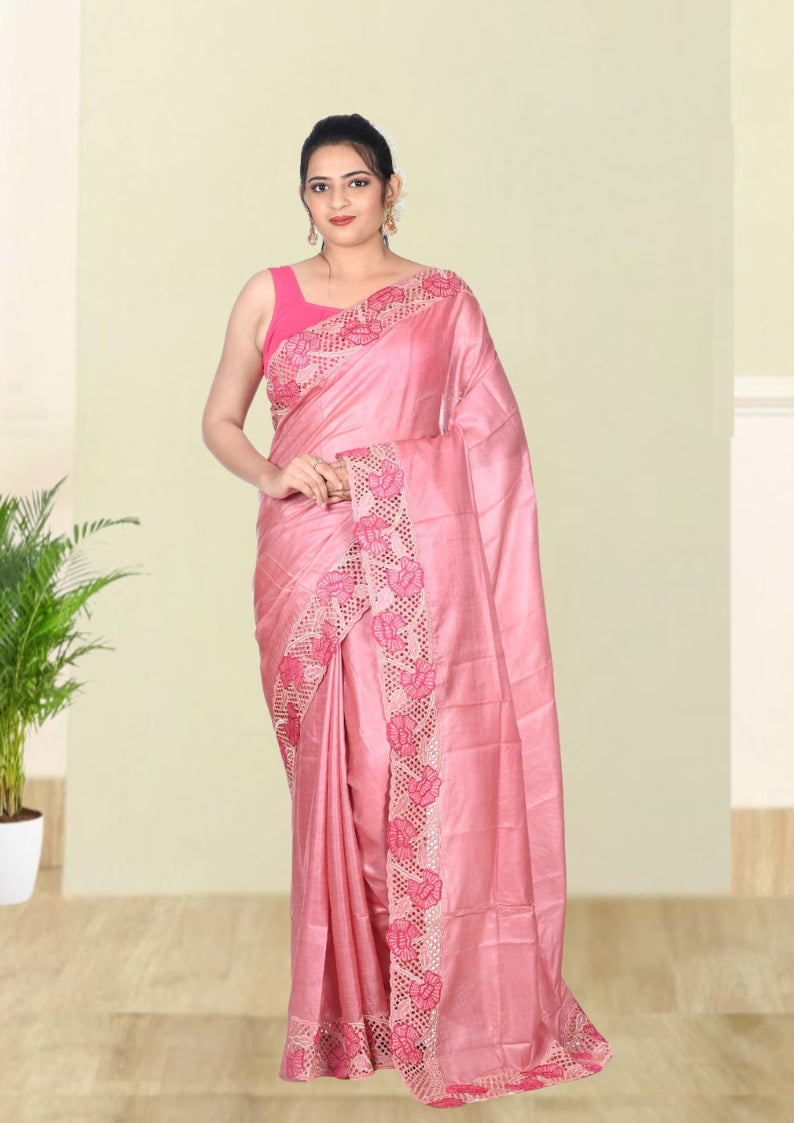 Peach Colour Ganchi Tussar Silk Saree with Hand Cutwork Embroidery Design