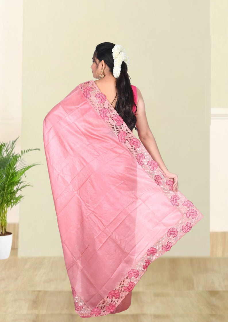 Peach Colour Ganchi Tussar Silk Saree with Hand Cutwork Embroidery Design