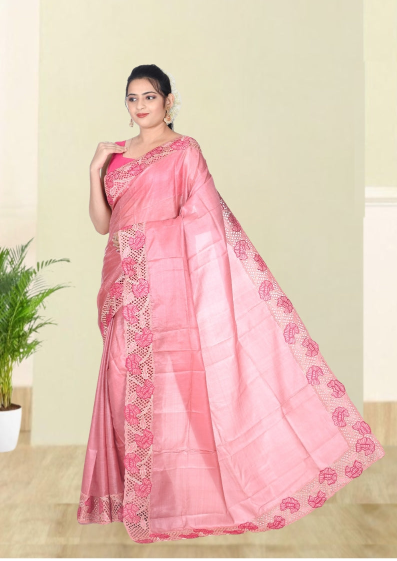 Peach Colour Ganchi Tussar Silk Saree with Hand Cutwork Embroidery Design