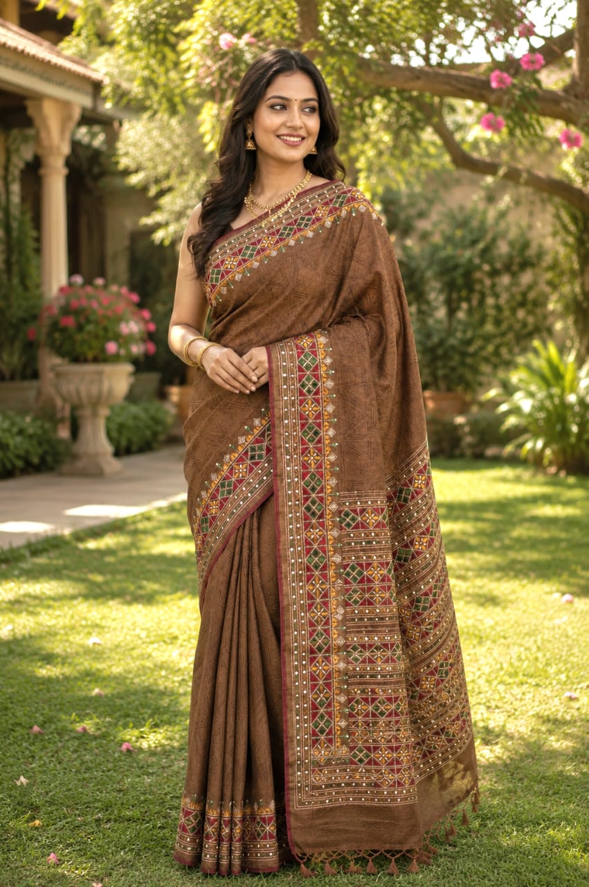 Rust Colour Tussar Silk Saree with Full Body Embroidery Work