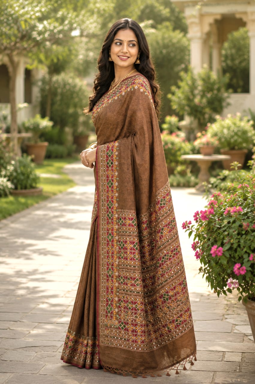 Rust Colour Tussar Silk Saree with Full Body Embroidery Work