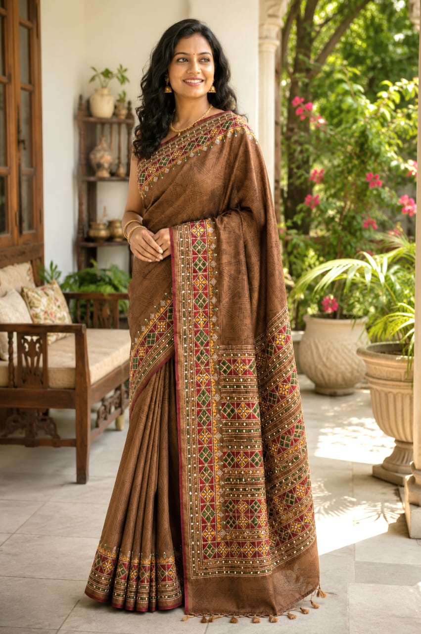 Rust Colour Tussar Silk Saree with Full Body Embroidery Work