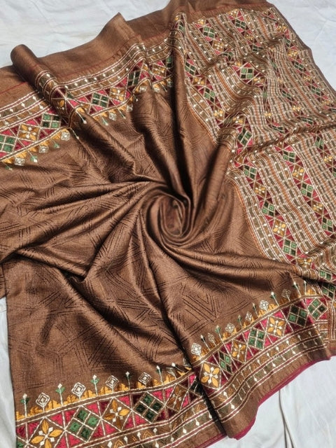 Rust Colour Tussar Silk Saree with Full Body Embroidery Work