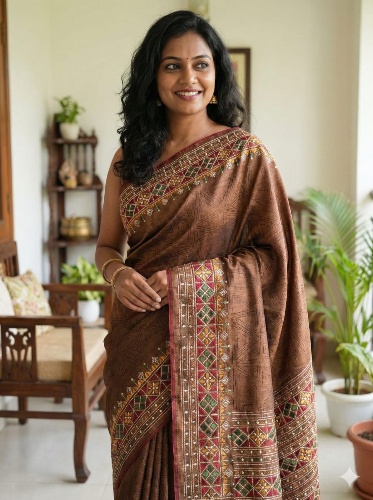 Rust Colour Tussar Silk Saree with Full Body Embroidery Work