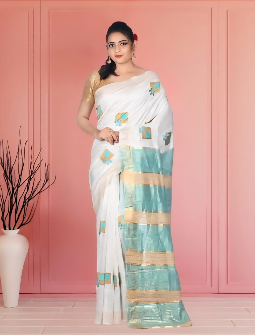 Full Body Embroidery Work on White Semi Tussar Silk Saree with Gheecha anchal and Zari Border