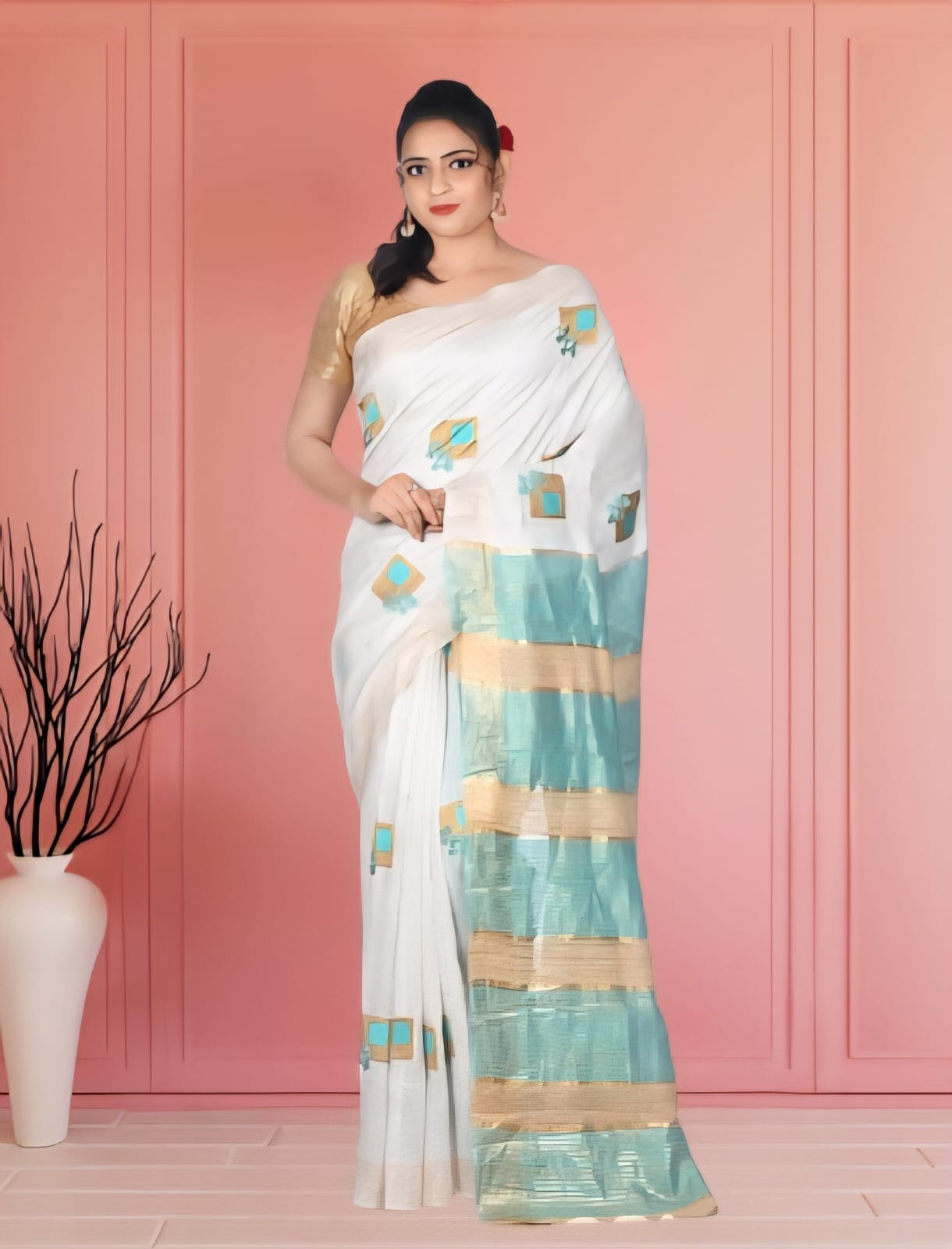 Full Body Embroidery Work on White Semi Tussar Silk Saree with Gheecha anchal and Zari Border