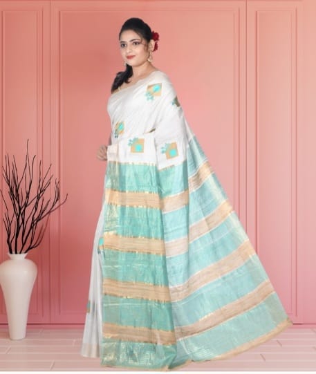 Full Body Embroidery Work on White Semi Tussar Silk Saree with Gheecha anchal and Zari Border