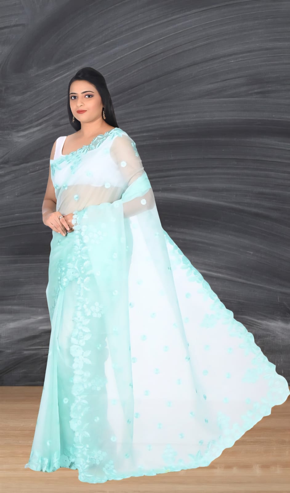 Sea Blue Colour Embroidered Organza Saree