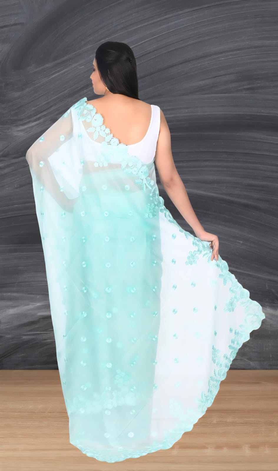 Sea Blue Colour Embroidered Organza Saree