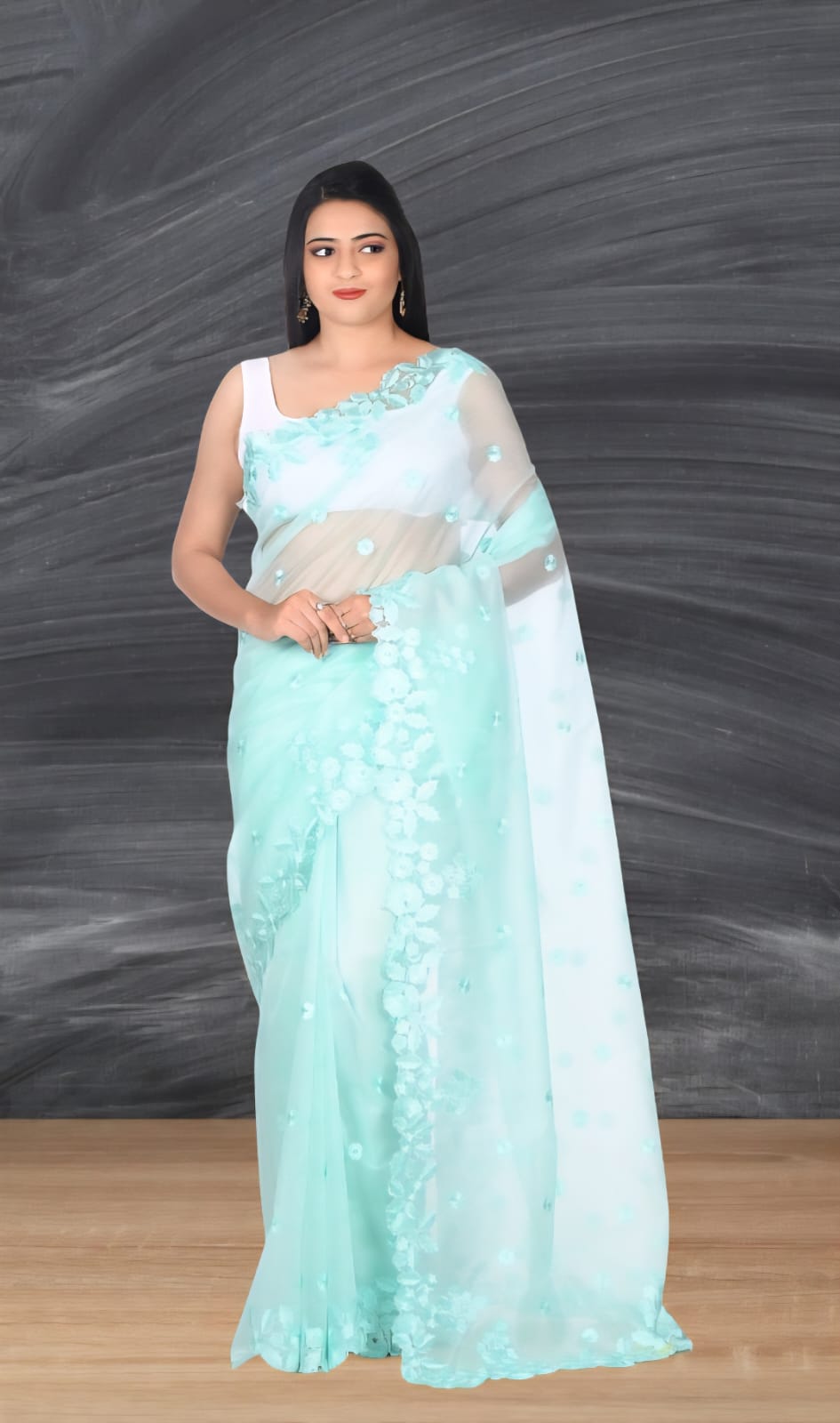 Sea Blue Colour Embroidered Organza Saree