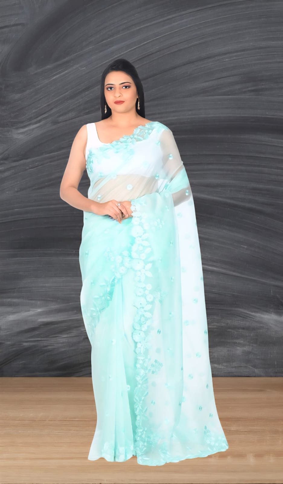 Sea Blue Colour Embroidered Organza Saree