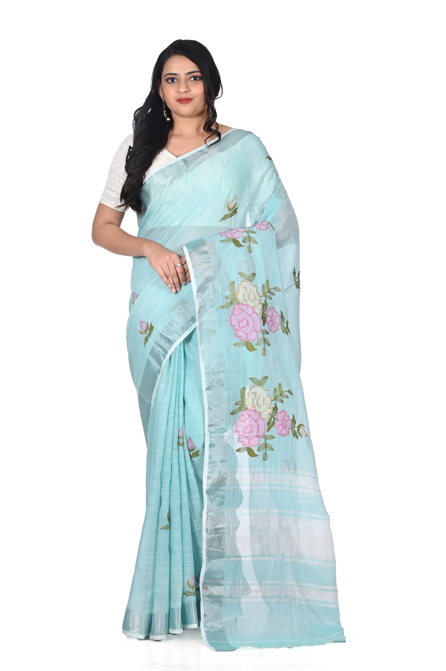 Sea Blue Colour Embroidered Linen Saree