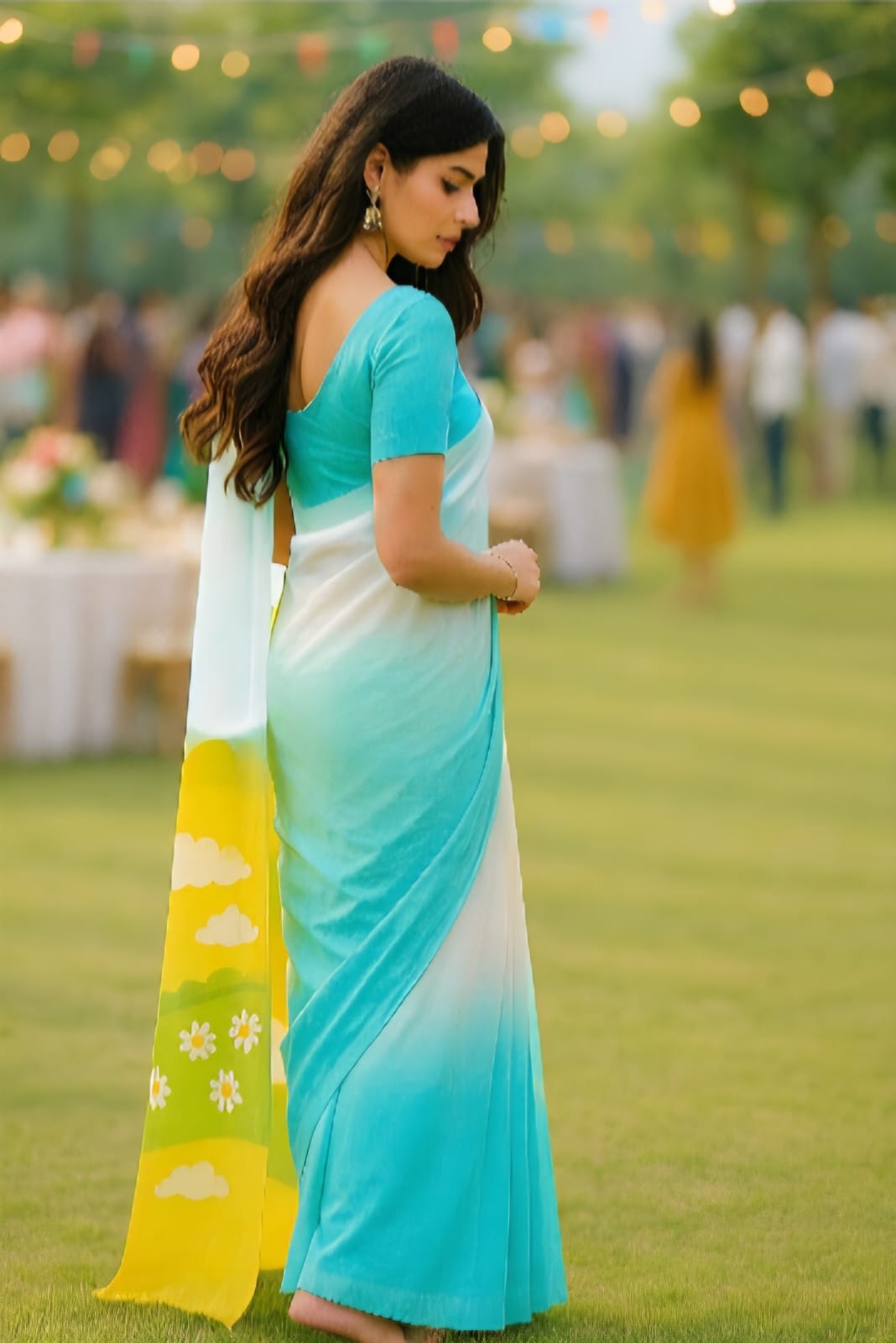 White and Blue Linen with Printed Anchal