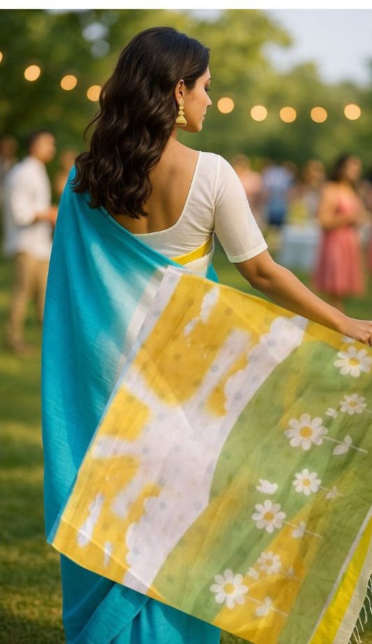 White and Blue Linen with Printed Anchal