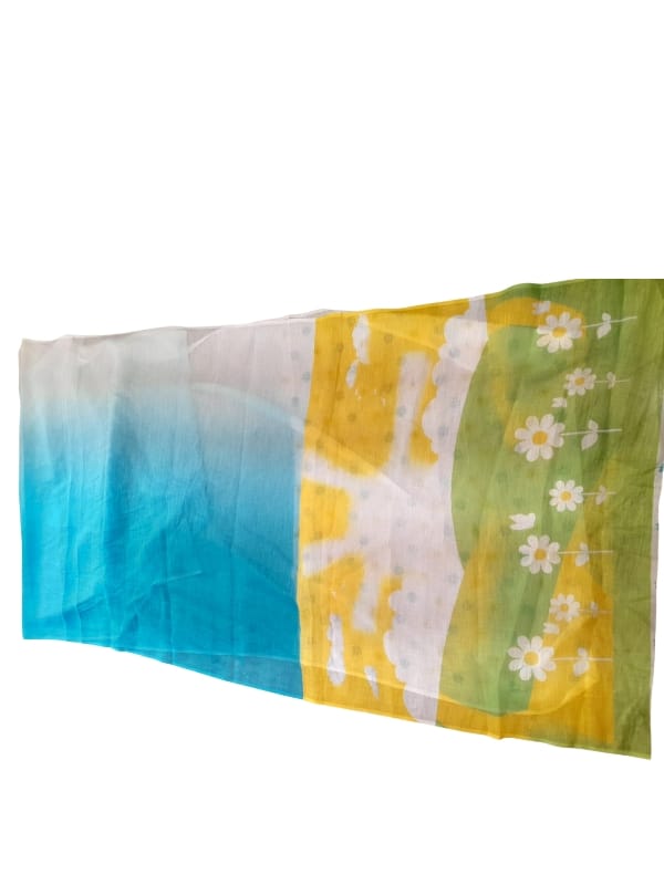 White and Blue Linen with Printed Anchal