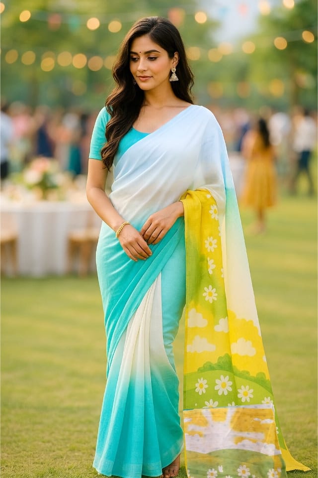 White and Blue Linen with Printed Anchal