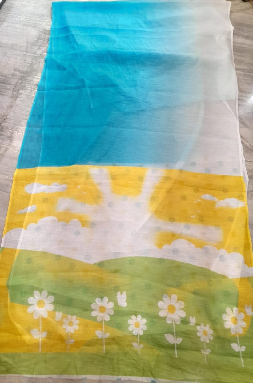 White and Blue Linen with Printed Anchal