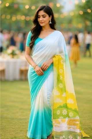 White and Blue Linen with Printed Anchal