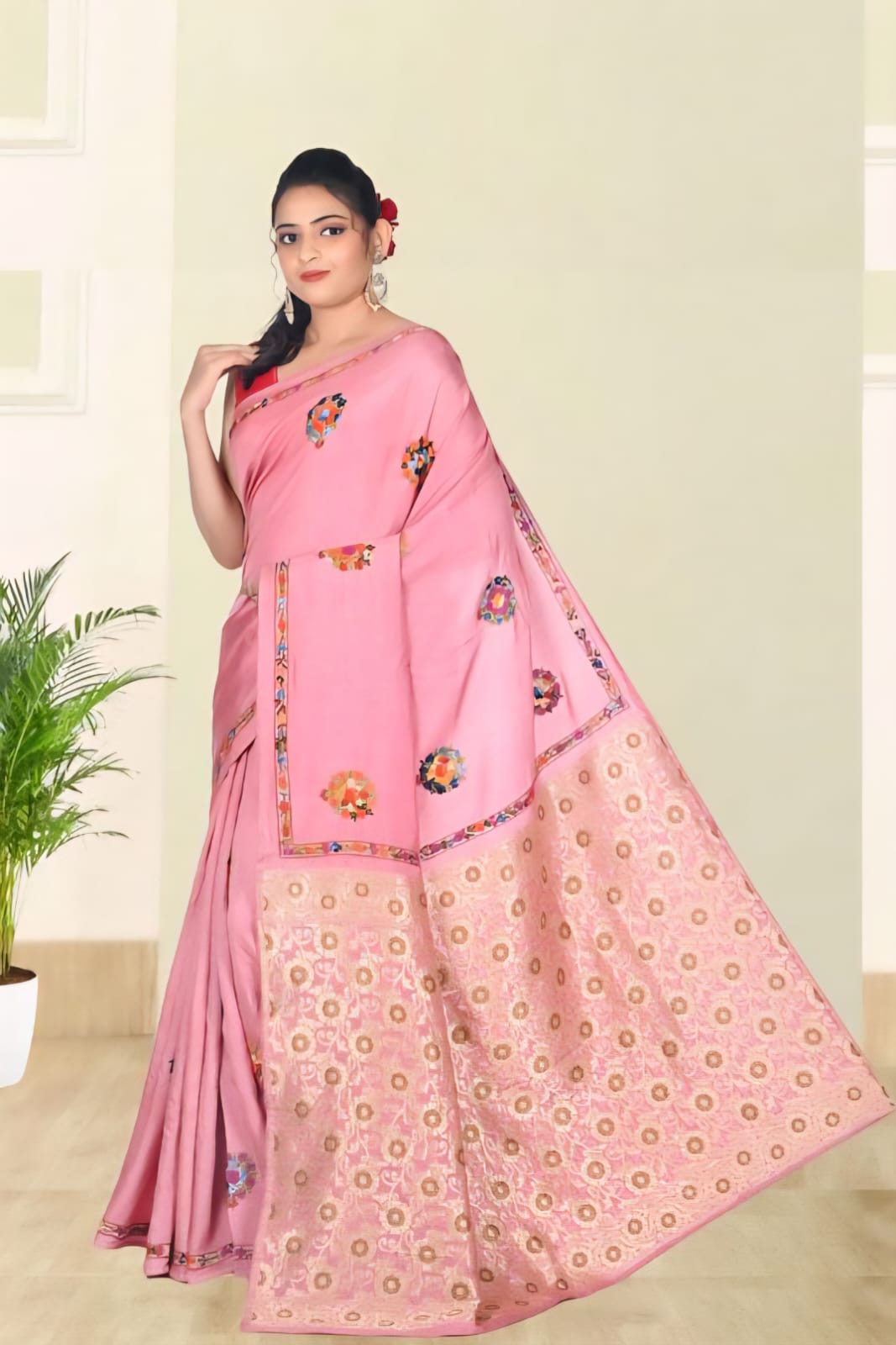 Hand French knot Embroidery Work on Soft Pink Tussar by Katan Silk Saree