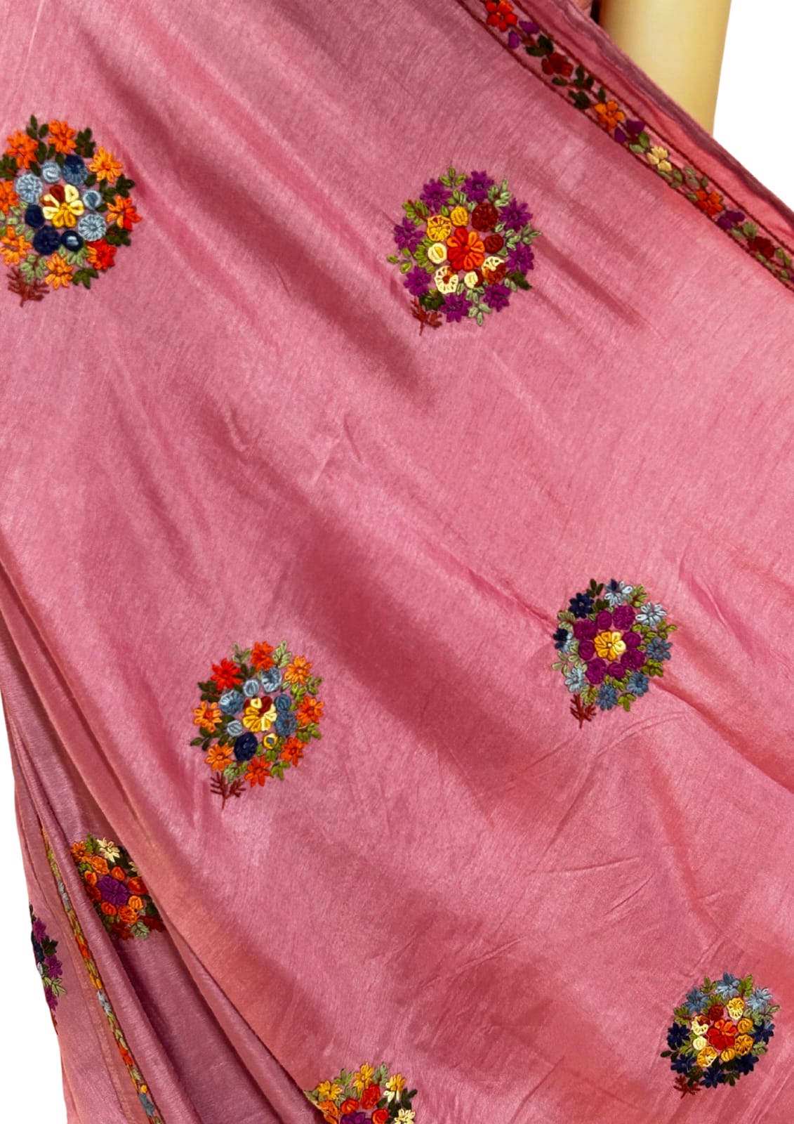 Hand French knot Embroidery Work on Soft Pink Tussar by Katan Silk Saree