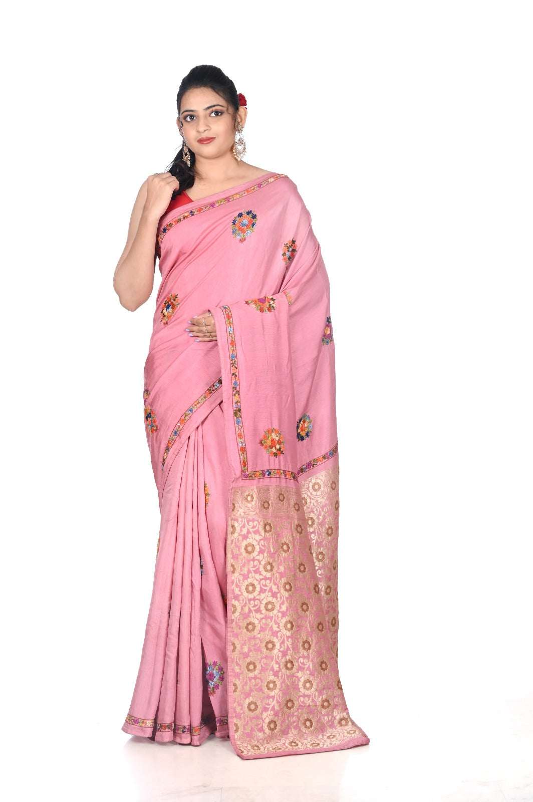 Hand French knot Embroidery Work on Soft Pink Tussar by Katan Silk Saree