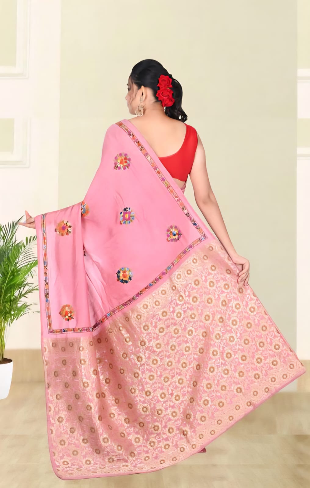 Hand French knot Embroidery Work on Soft Pink Tussar by Katan Silk Saree