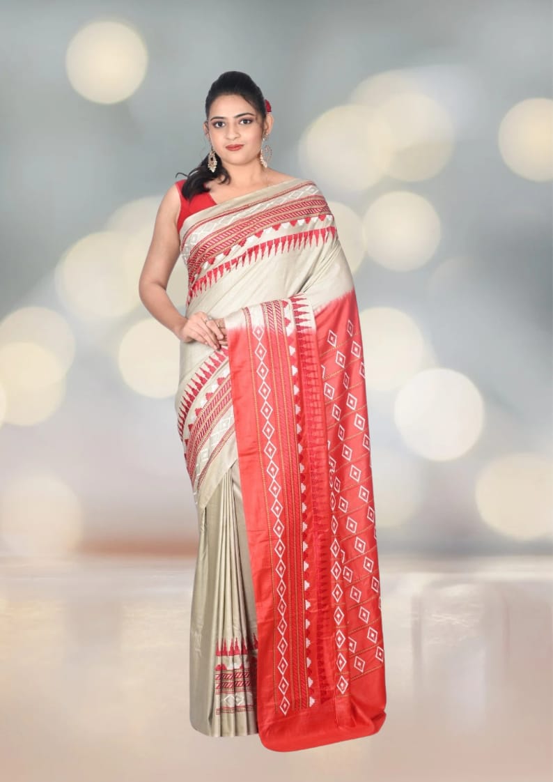 Embroidery Work on Beige and Red Colour Bhagalpuri Tussar Silk Saree