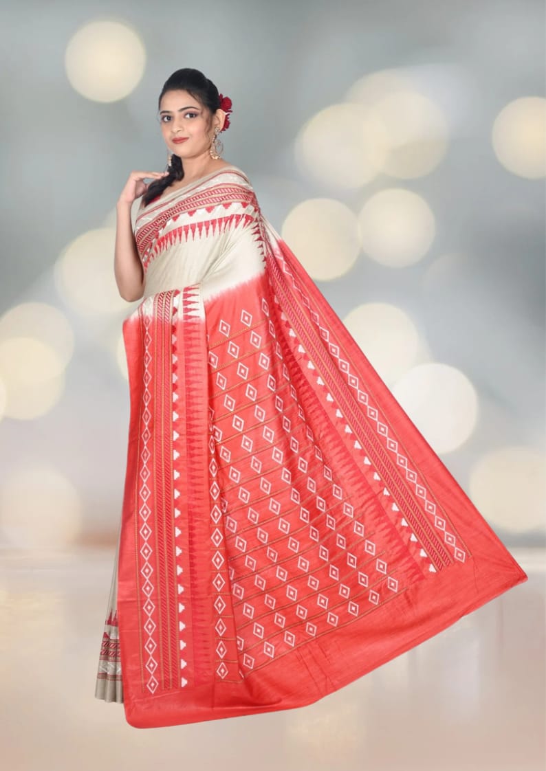 Embroidery Work on Beige and Red Colour Bhagalpuri Tussar Silk Saree