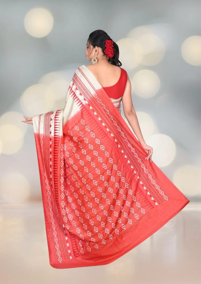 Embroidery Work on Beige and Red Colour Bhagalpuri Tussar Silk Saree