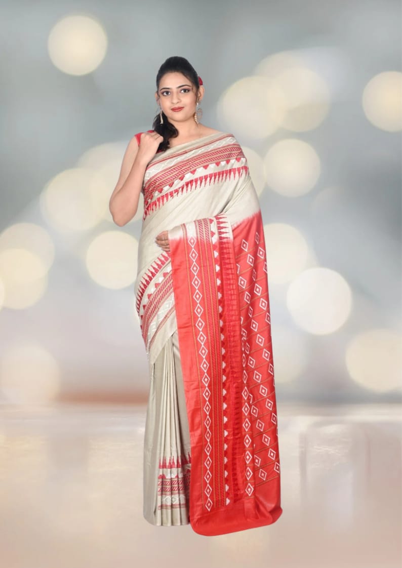 Embroidery Work on Beige and Red Colour Bhagalpuri Tussar Silk Saree