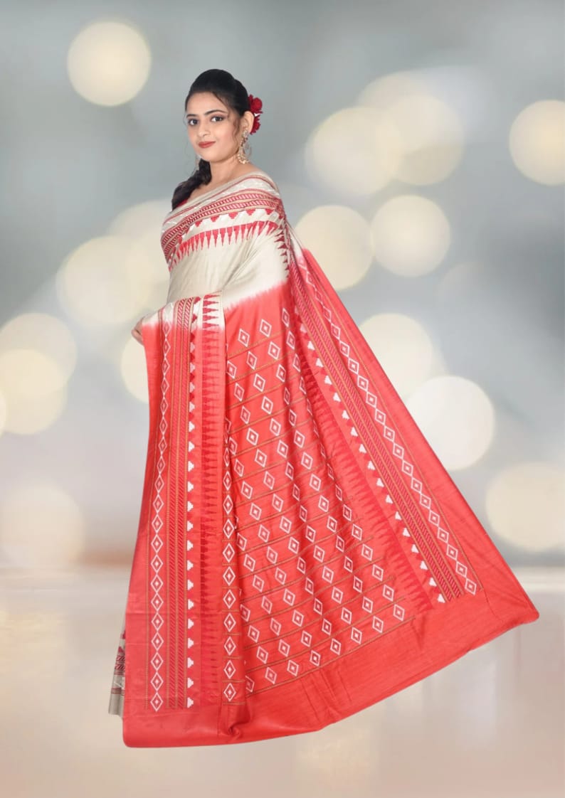 Embroidery Work on Beige and Red Colour Bhagalpuri Tussar Silk Saree