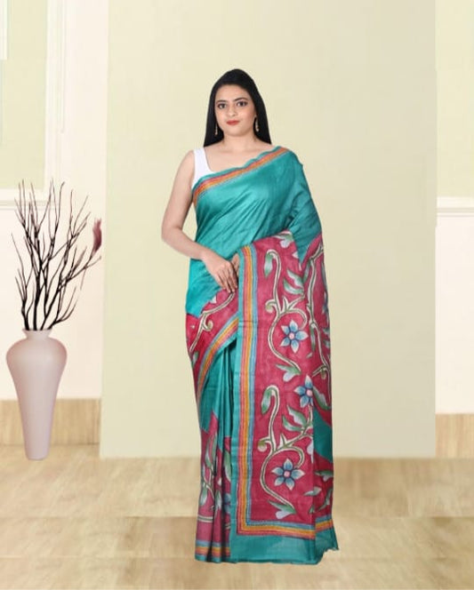 Hand Katha Embroidery Work on Teal Blue Colour Hand Brush Painted Ganchi Tussar