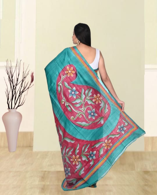 Hand Katha Embroidery Work on Teal Blue Colour Hand Brush Painted Ganchi Tussar