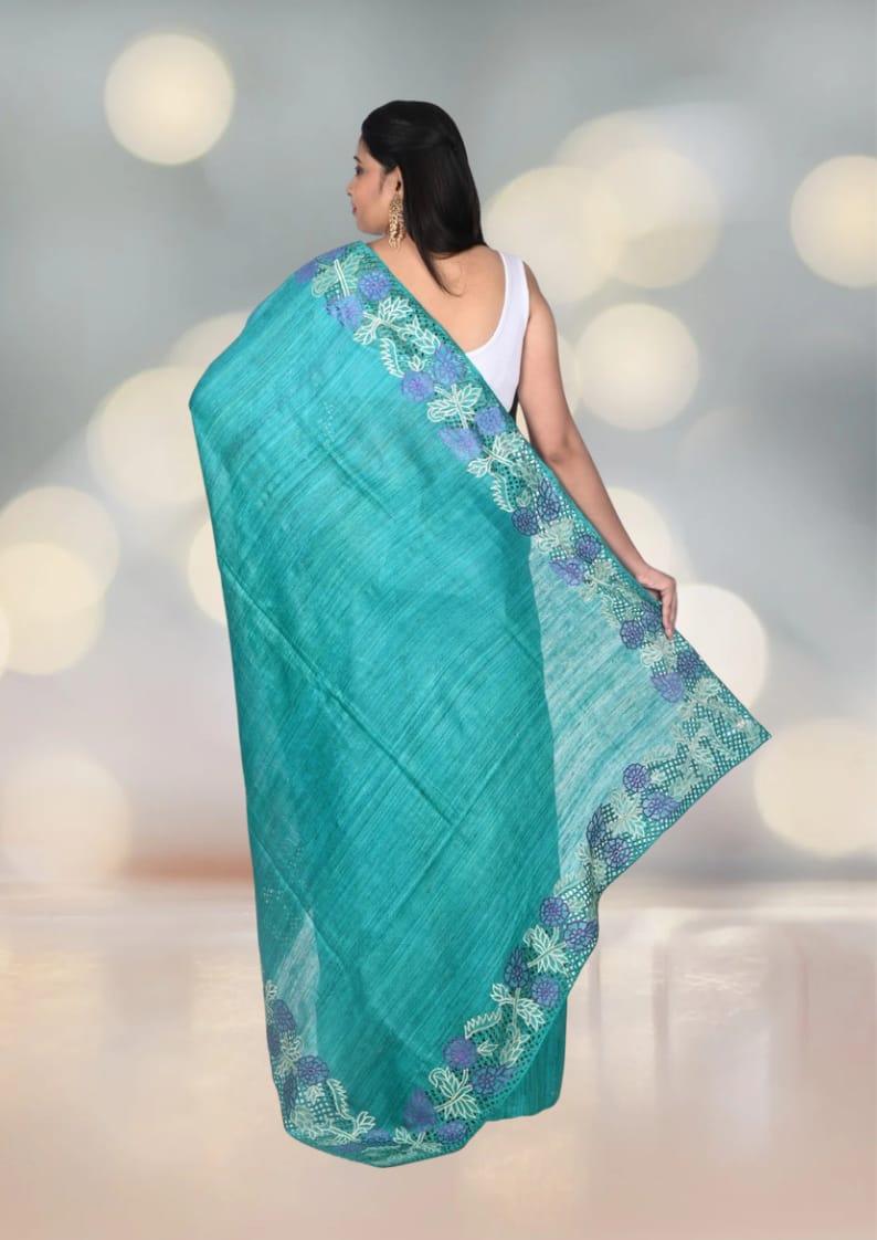 Hand Cut Work Embroidery Gheecha Tussar Silk Saree