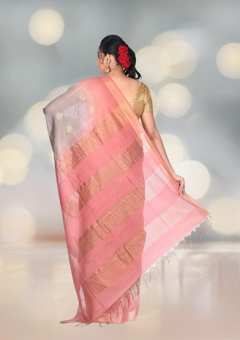 Grey and Rust Colour Semi Tussar Silk with Zari Border and Zari Motifs in the Body