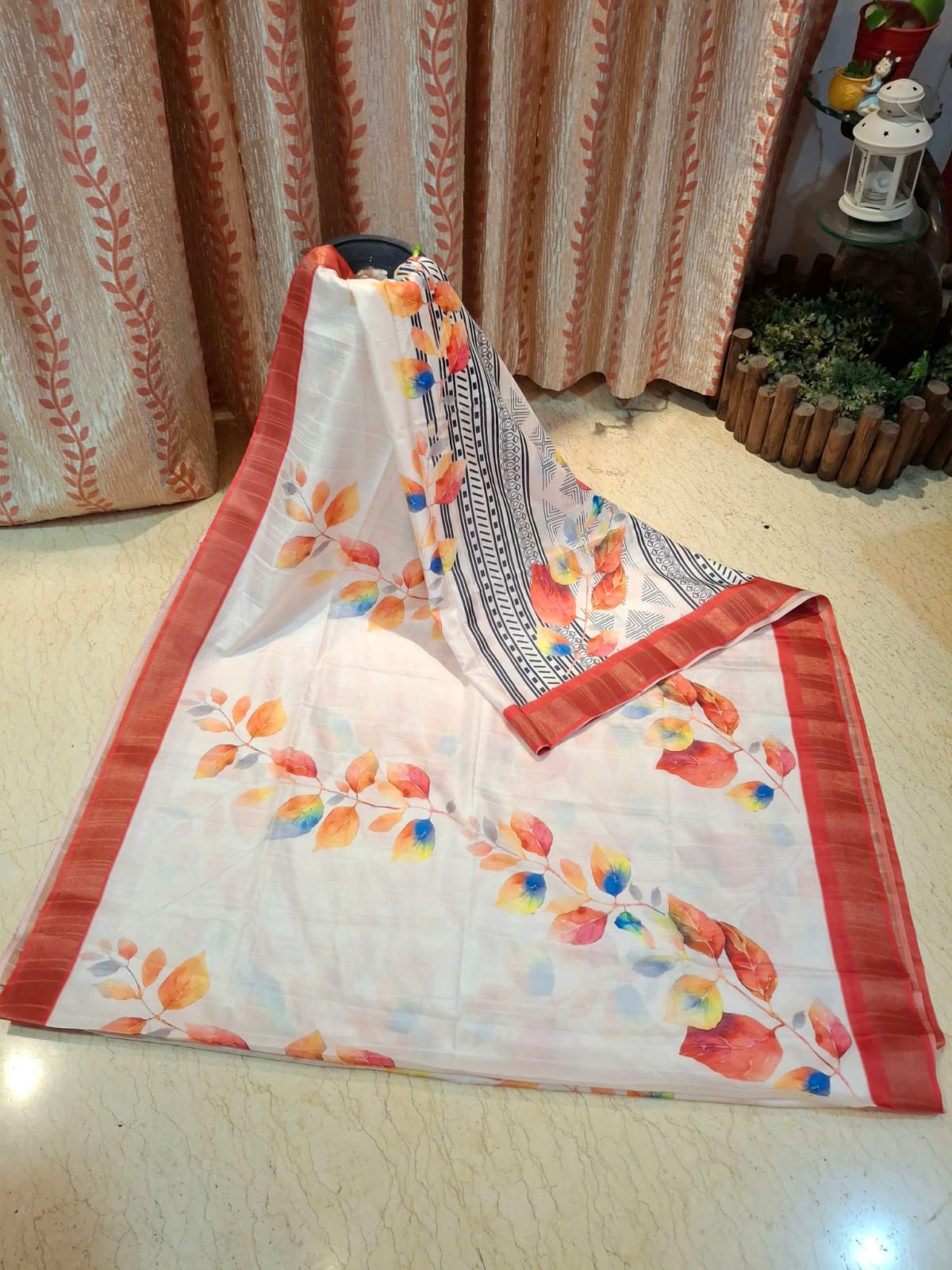 Hand Block Printed and Hand Brush painted White Bapta Tussar silk with Multicolour Design