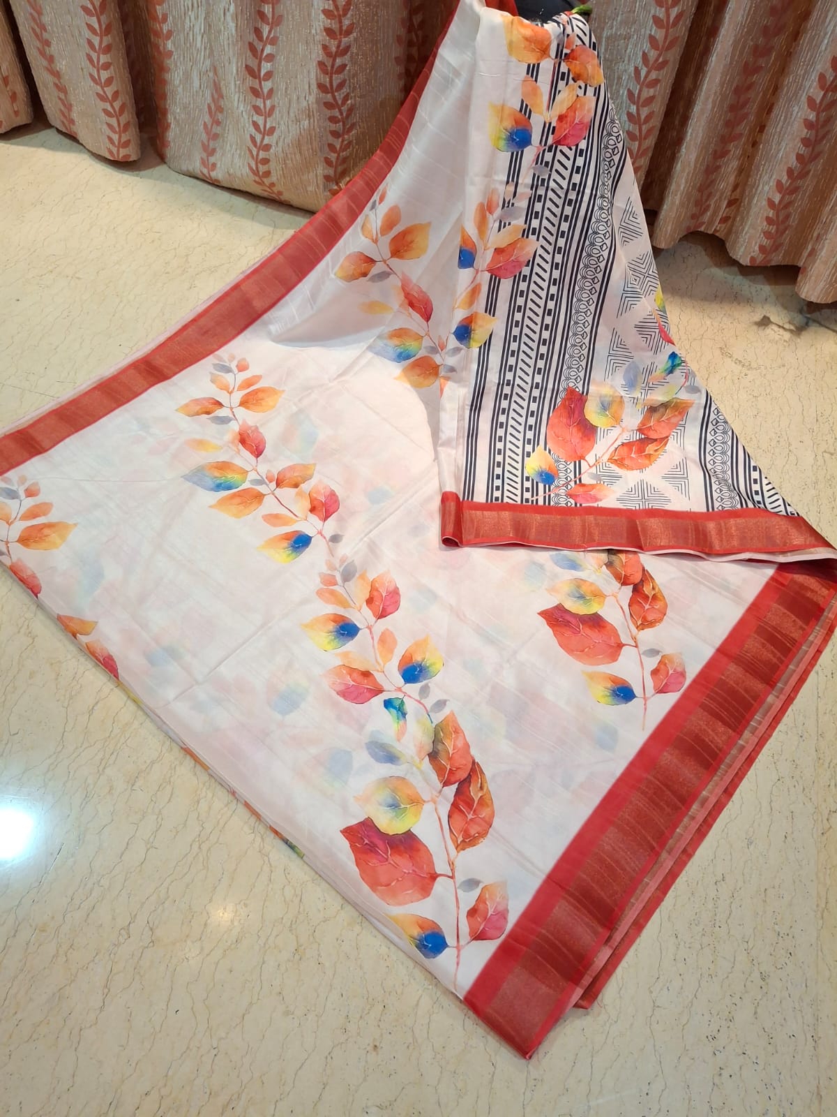 Hand Block Printed and Hand Brush painted White Bapta Tussar silk with Multicolour Design