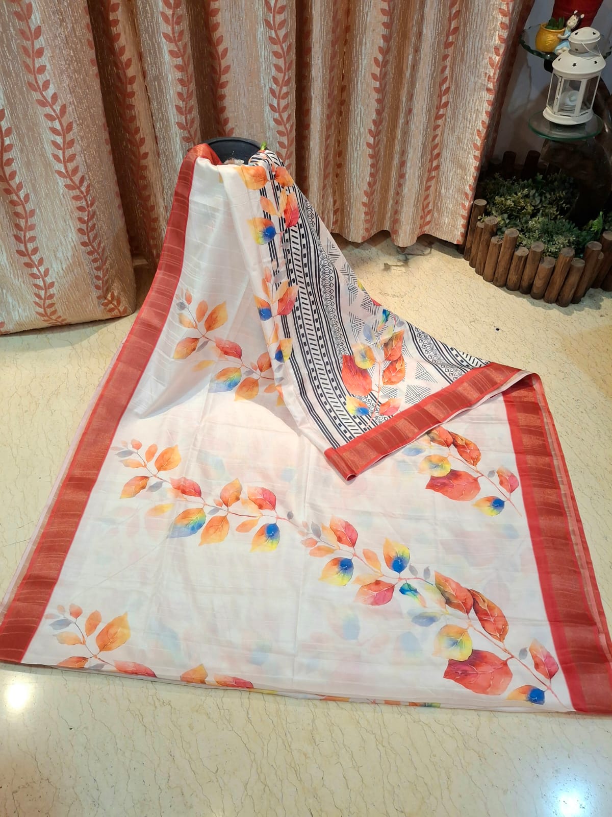 Hand Block Printed and Hand Brush painted White Bapta Tussar silk with Multicolour Design