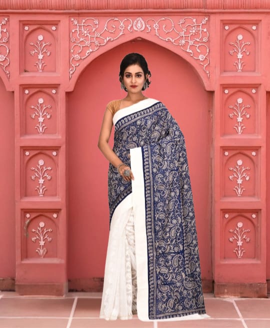 White and Blue Colour Hand Kantha Embroidery Work on Tussar Dhakai
