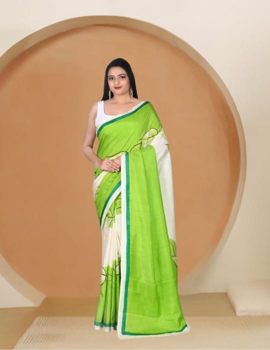 Off White and Green Colour Hand Brush Painted Mulberry Katan Silk
