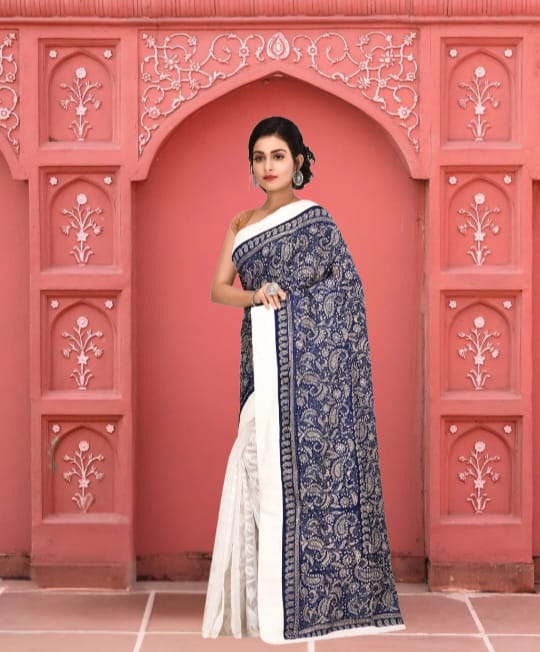 White and Blue Colour Hand Kantha Embroidery Work on Tussar Dhakai