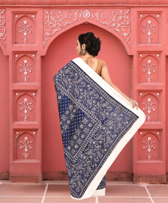 White and Blue Colour Hand Kantha Embroidery Work on Tussar Dhakai