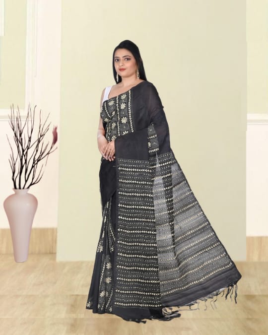 White Colour Hand Kantha Embroidery Work on Black Colour 3ply Bangalore Silk