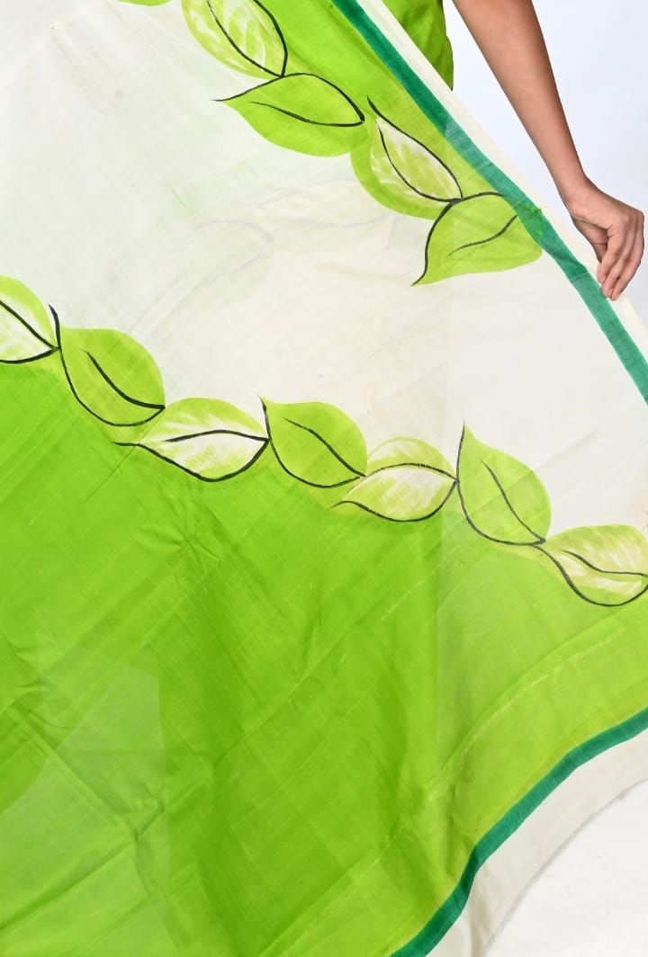 Off White and Green Colour Hand Brush Painted Mulberry Katan Silk